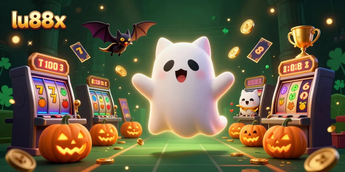 lu88x ghost cat and bat in a haunted casino, engaging with slot reels and jackpots