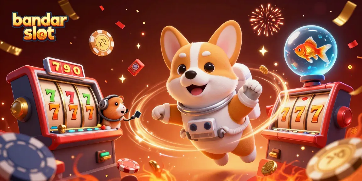 Experience the excitement of bandar slot gaming with a cartoon astronaut corgi in a vibrant casino setting.