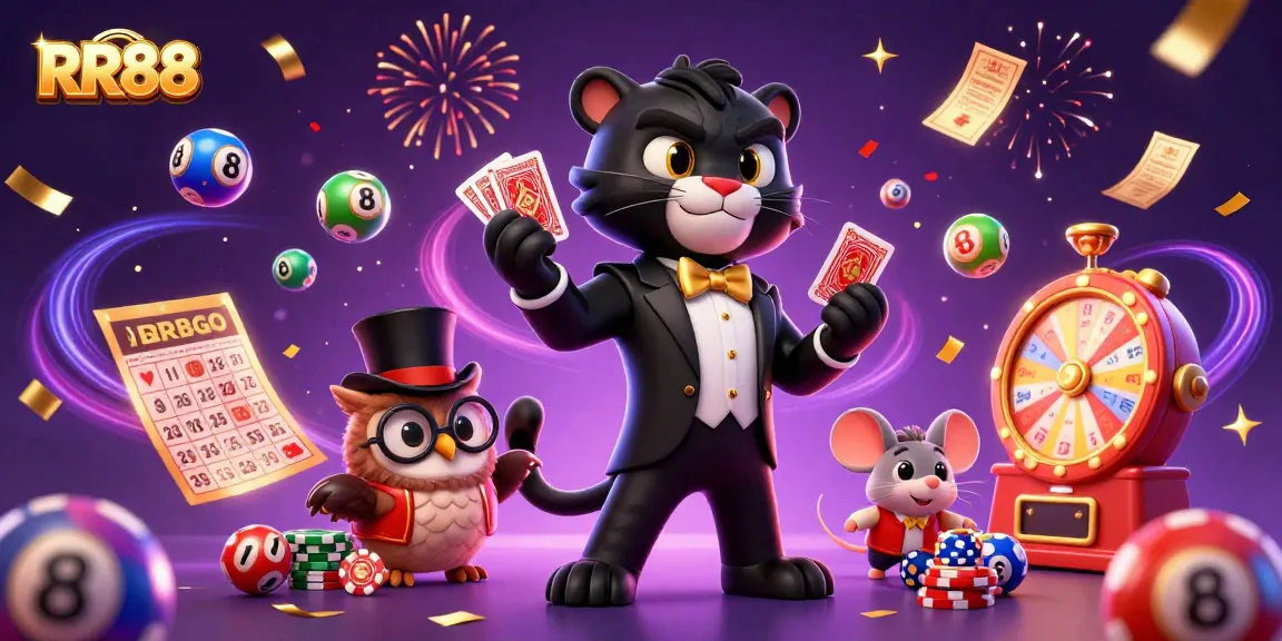 Experience exciting gameplay at RR88 with a vibrant 3D casino celebration featuring character interactions and dynamic lottery elements.