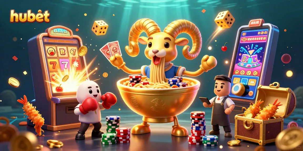 hubet showcases a vibrant gaming scene with a ramen bowl dealer, slot machines, and dynamic casino elements.