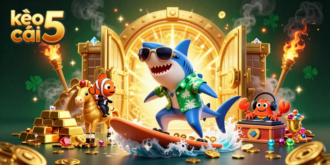 Bet on kèo nhà cái 5 with a lively 3D casino scene featuring vibrant characters and golden treasures.