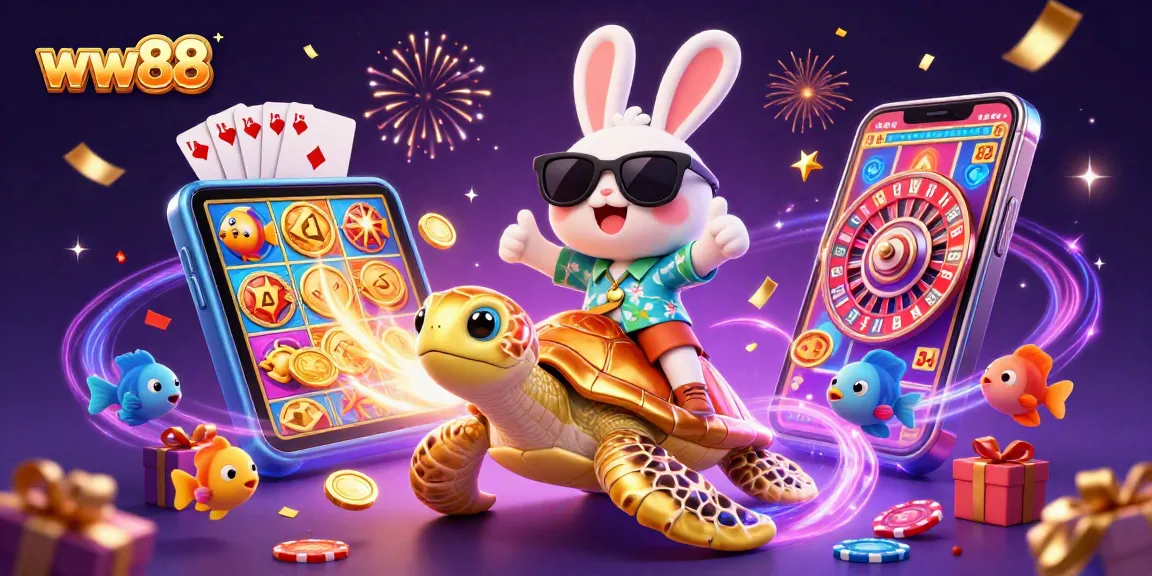 Experience thrilling gameplay at ww88 with a lucky rabbit and a golden sea turtle in a vibrant casino scene.