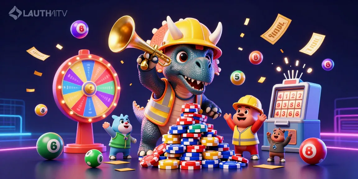 Engage with LAUTHAITV's thrilling gambling atmosphere, featuring colorful lottery elements and dynamic gaming characters.