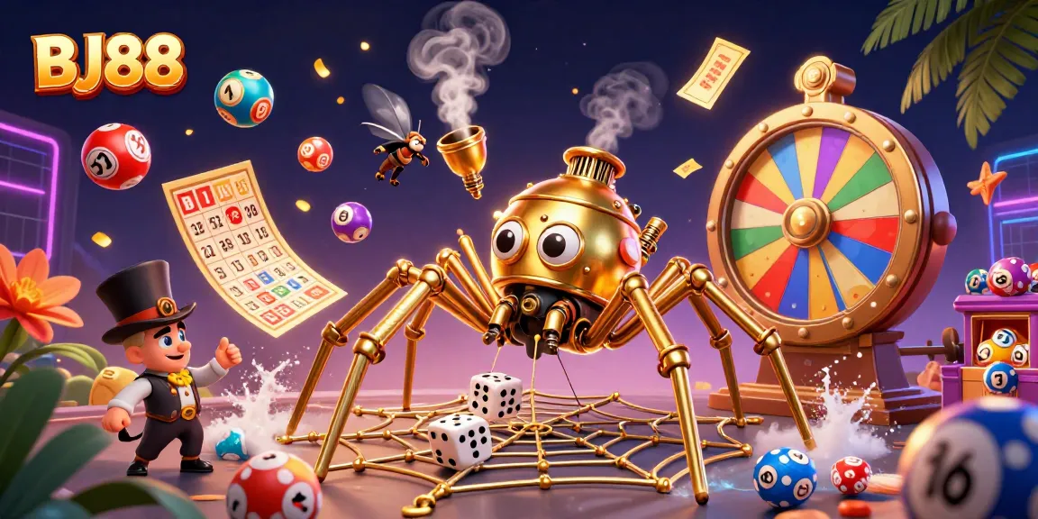 BJ88 casino scene showcasing a steampunk spider capturing dice amid vibrant lottery elements.