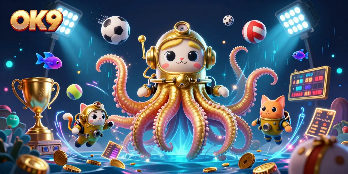 Experience exciting gaming at OK9 with a lively scene featuring a kraken, diving cat, and vibrant sports balls.
