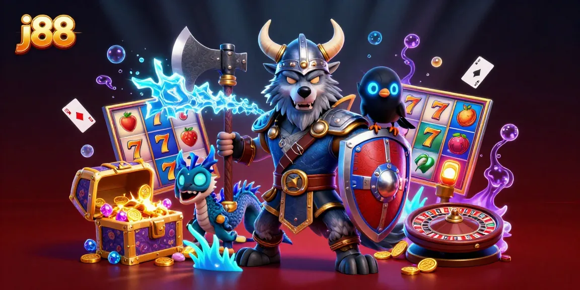 Join the j88 excitement with a vibrant 3D illustration of a Viking wolf warrior, fierce dragon, and glowing raven amidst slot reels.