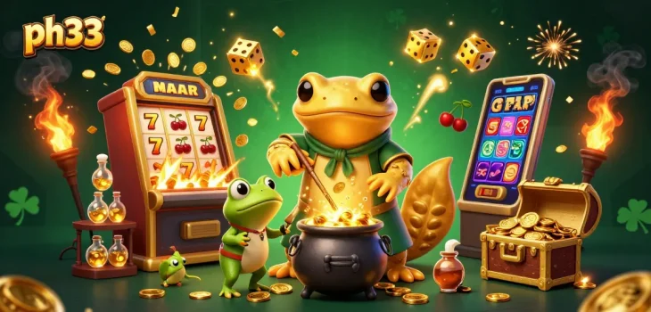 Experience the magic of ph33 with a golden salamander alchemist creating riches amidst vibrant casino elements.