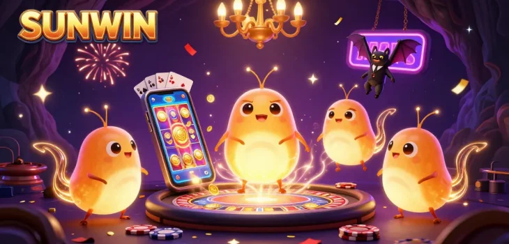 Experience SUNWIN's thrilling cave casino with animated glowworms and vibrant gaming excitement.