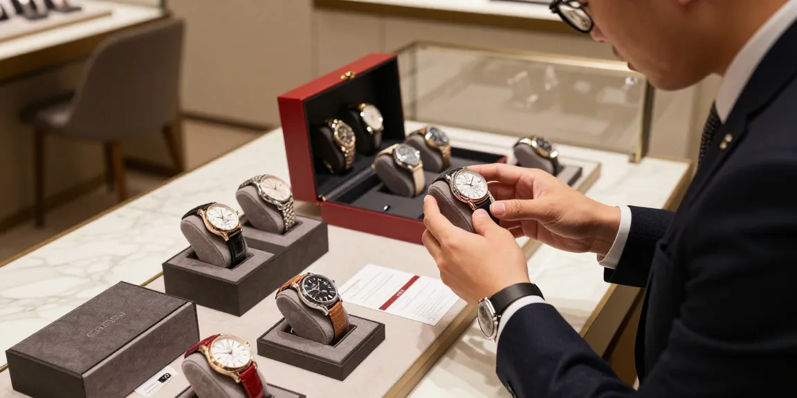 Showcase of elegant replica watches in a luxury showroom, highlighting intricate craftsmanship.