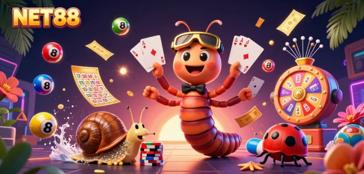 NET88 showcases a vibrant casino scene with dynamic character interactions and colorful gaming elements.