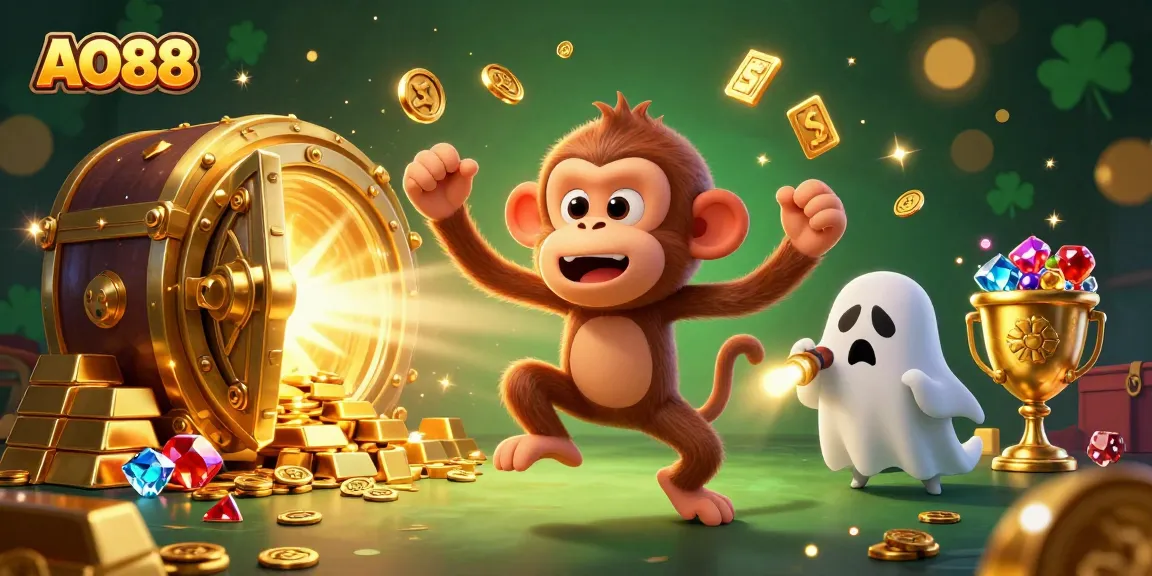 A spooky AO88 casino scene featuring a mischievous poltergeist monkey juggling golden coins and cards.