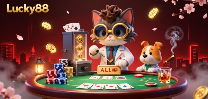 Experience the thrill of Lucky88 at a vibrant poker table with dynamic characters creating excitement.