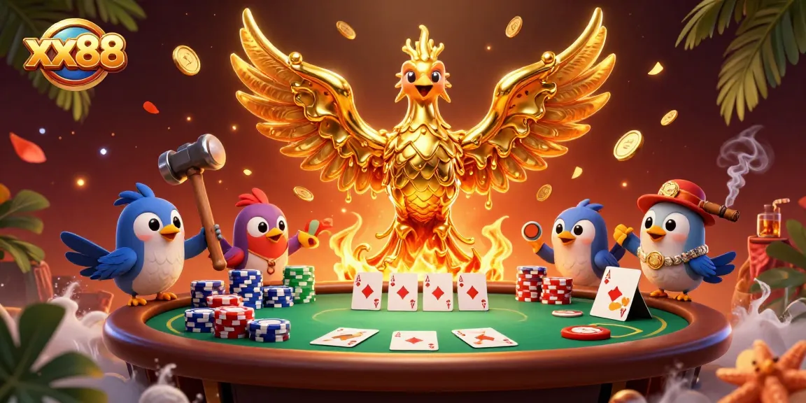 Experience xx88's thrilling online poker scene with a molten phoenix and vibrant casino elements.
