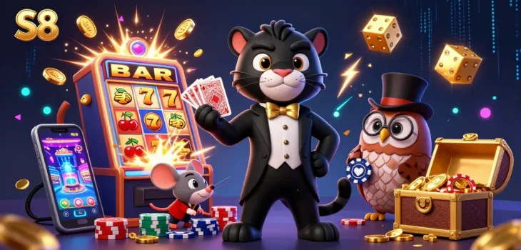 S8 offers exciting gaming with vibrant characters celebrating casino fun through stunning visuals.