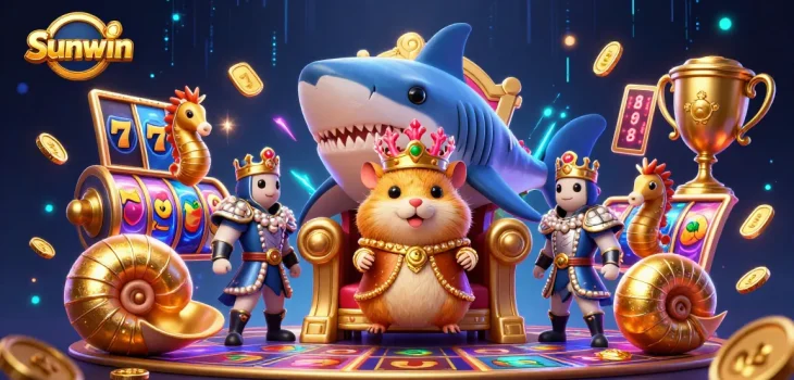 Sunwin offers thrilling slot games with a giant hamster king in a vibrant casino scene.