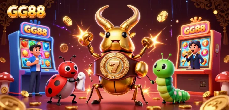 Experience the excitement at GG88 as a golden stag beetle champions a vibrant casino scene filled with slots.