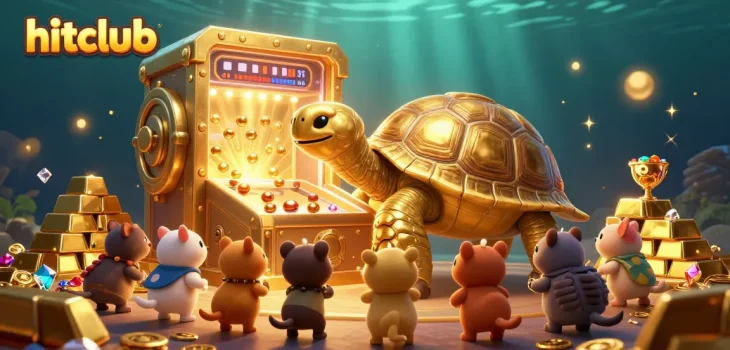 Hitclub players enjoy a vibrant casino experience with dynamic gold treasures and a colossal gaming tortoise.