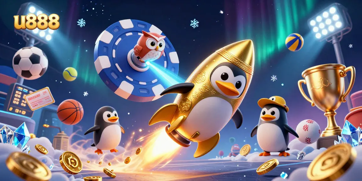 Bet on u888 with excitement as a golden penguin launches towards a casino space station.