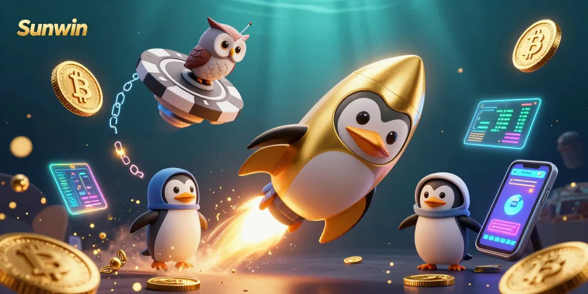 Sunwin showcases a golden penguin rocket soaring to a casino chip station, surrounded by vibrant cryptocurrencies.