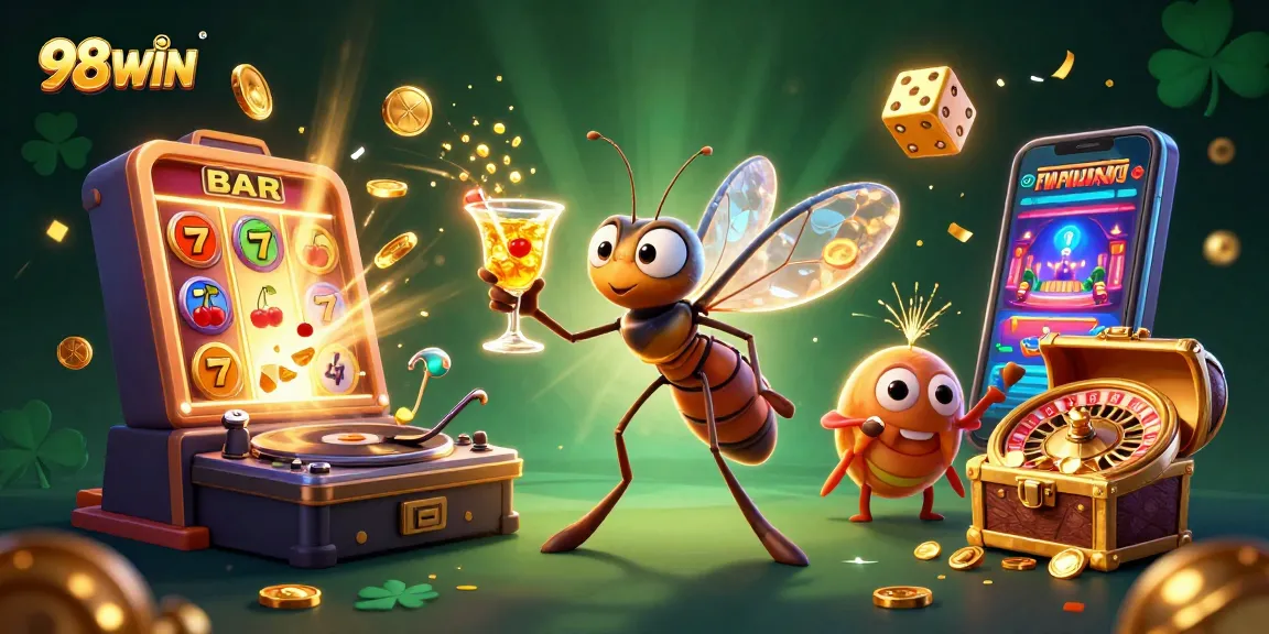 Engage with vibrant 98WIN casino games and dynamic jackpot excitement in this colorful illustration.