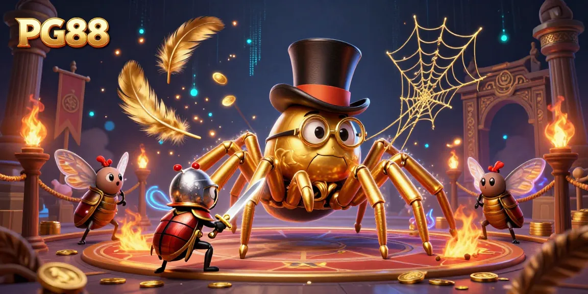 Experience the excitement of PG88 with a golden tarantula, beetle knight, and casino elements in a vibrant scene.