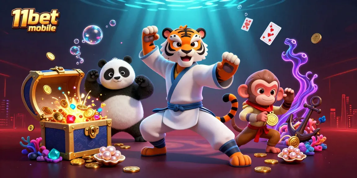 Engage with the exciting 11bet mobile gaming environment featuring animated characters and vibrant casino elements.