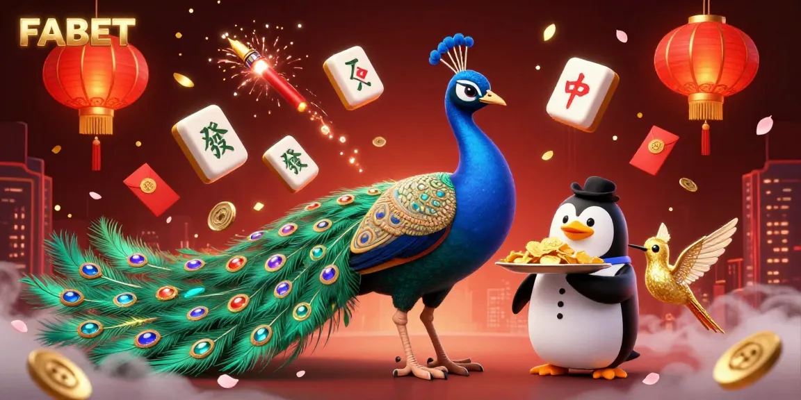Experience the excitement of FABET with a vibrant casino scene featuring a peacock, a penguin butler, and golden chips.