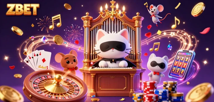 ZBET showcases exciting gaming experiences with a lively casino-themed illustration featuring dynamic characters and vibrant elements.