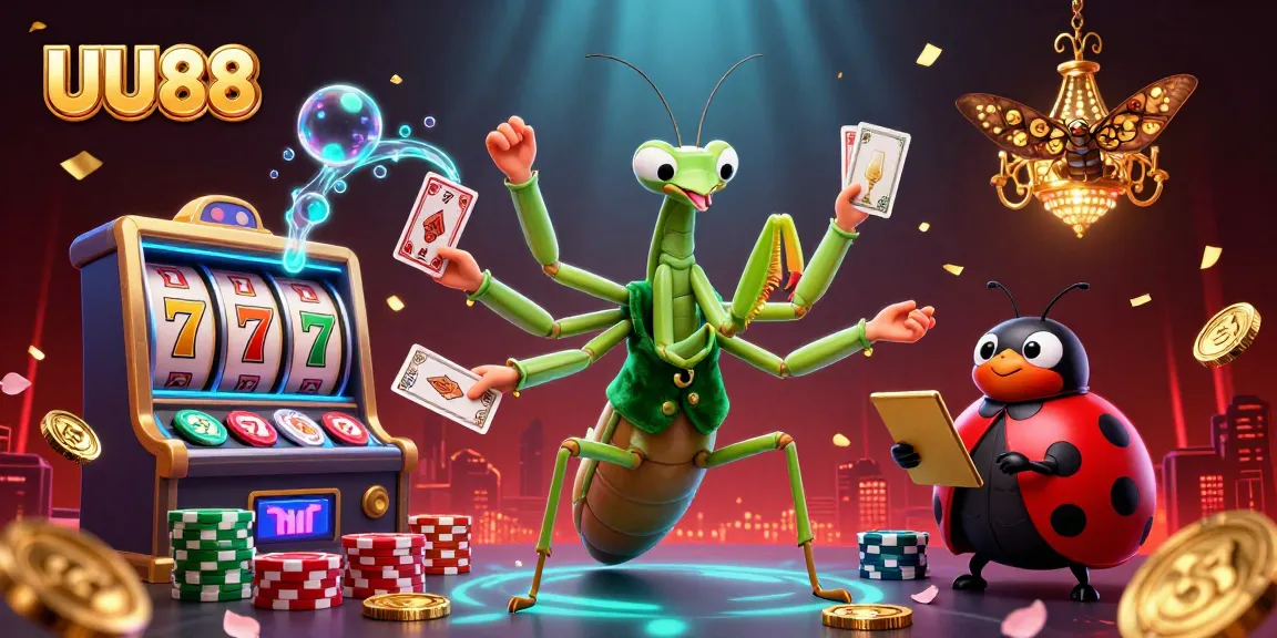 Play slots at UU88 with giant mantis card sharp and ladybug pit boss in a vibrant casino scene.
