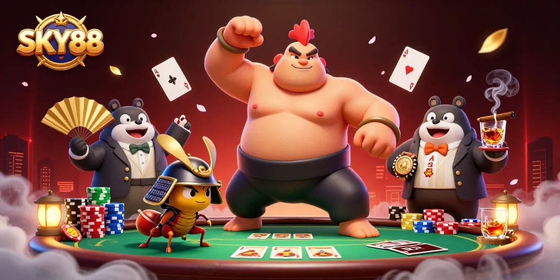 Experience excitement with SKY88 as a powerful sumo rooster and samurai cricket dominate a vibrant casino scene.