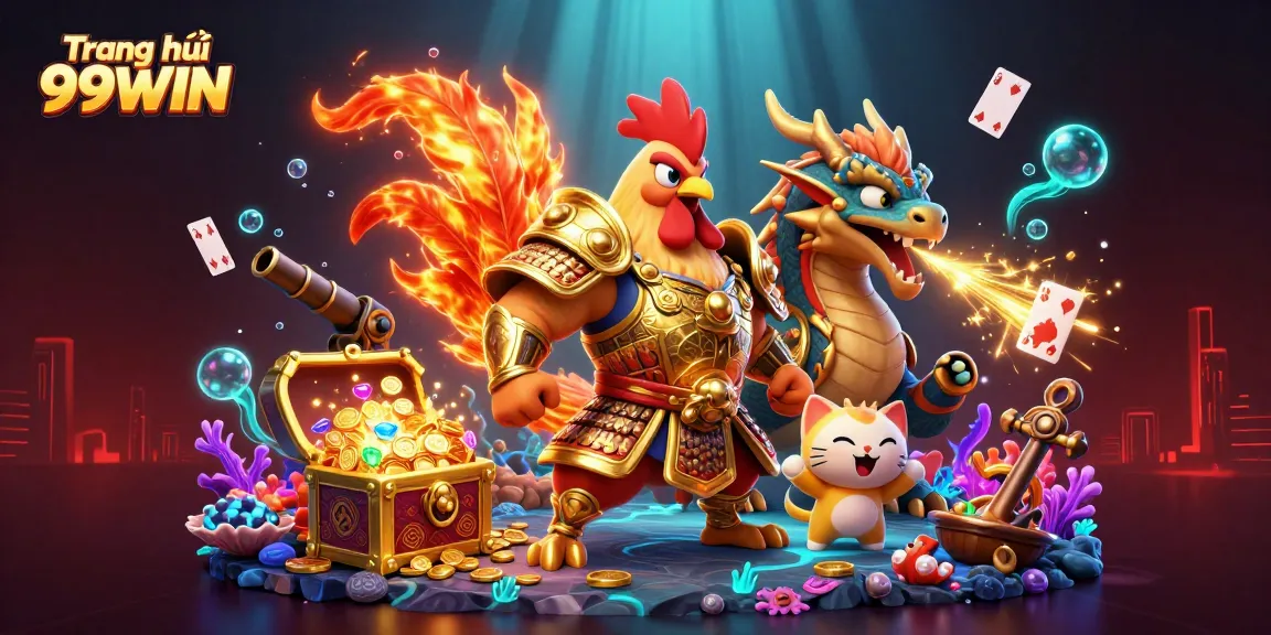 Win big at Trang chủ 99WIN with cartoon warriors, treasure chests, and casino games.