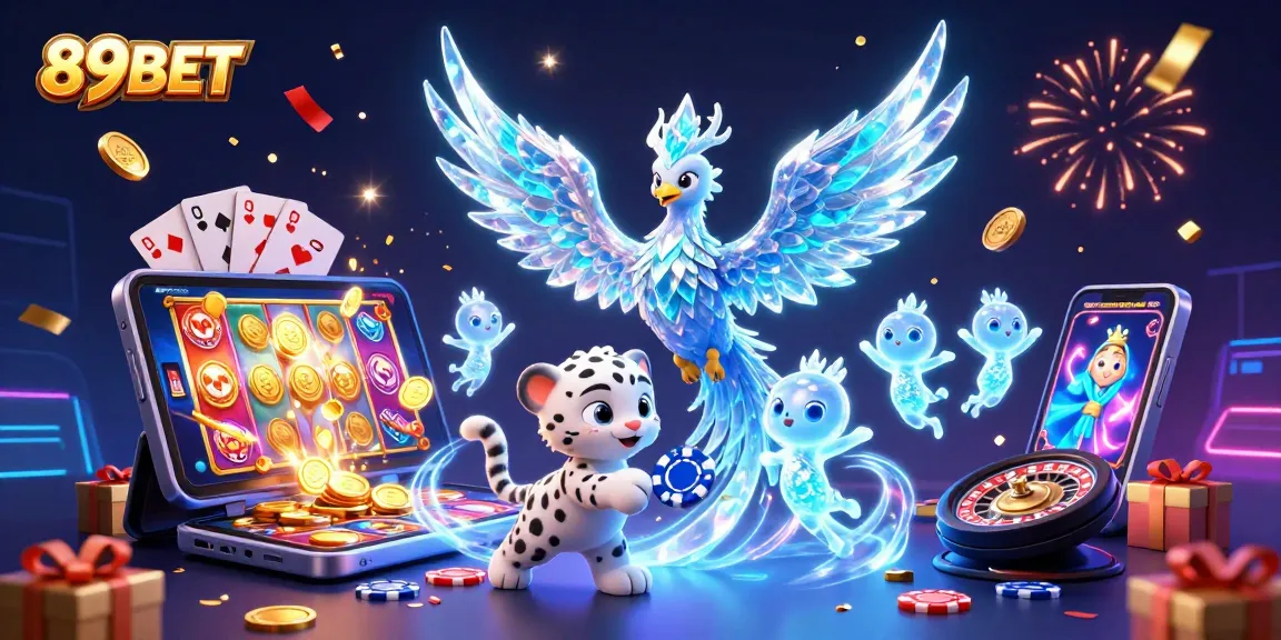 Win big with 89BET in this vibrant 3D casino scene featuring colorful games and mystical creatures.