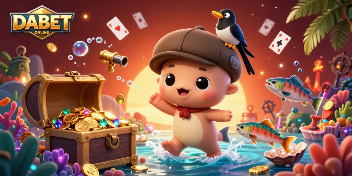 DABET online casino scene with cute Nessie, a magpie, and salmon amidst sparkling gold treasures and vibrant coral.