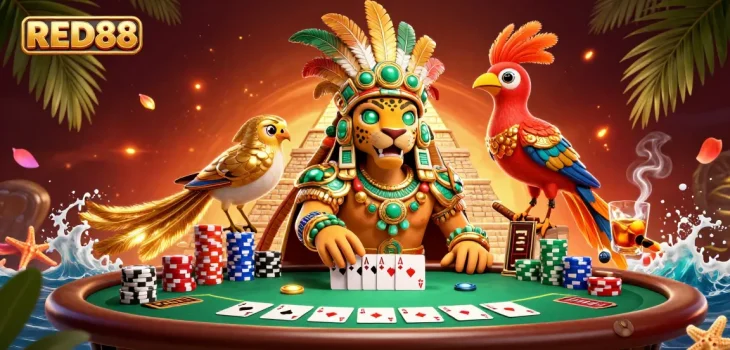 Engage in thrilling poker gameplay at RED88 with vibrant casino elements in a rich 3D illustration.