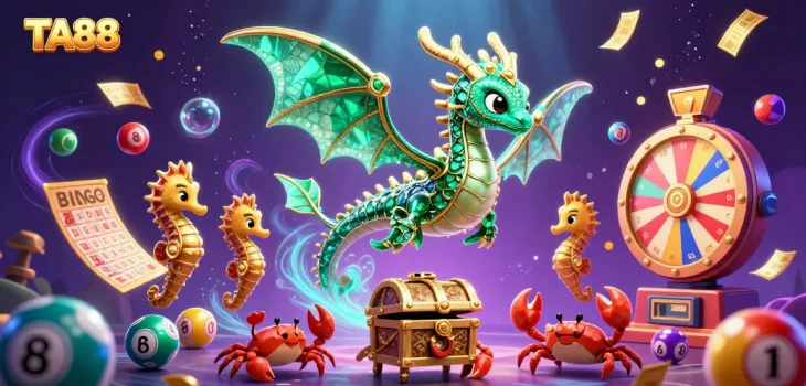 Engage with TA88 in a vibrant 3D casino illustration, showcasing lively lottery elements and sea creatures.