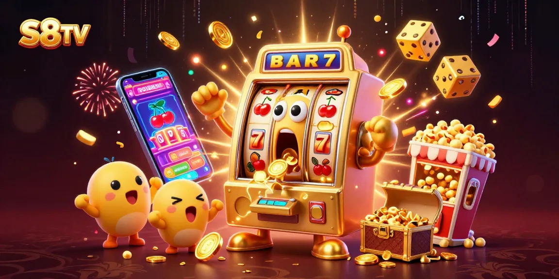 S8TV slot machine celebrating a jackpot with colorful coins and game elements flying around.