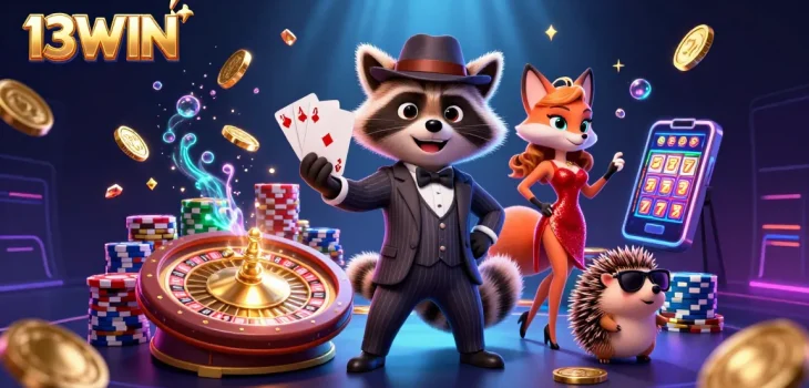 Experience thrilling moments with 13WIN as characters enjoy a vibrant casino scene with royal flush hands.