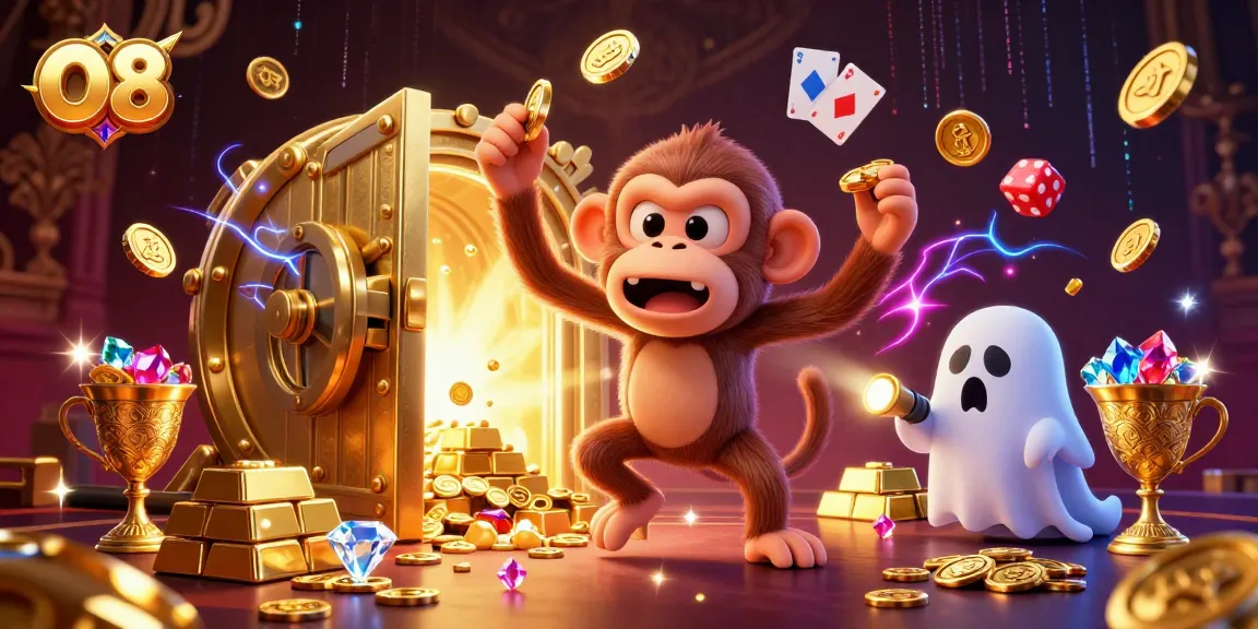 O8 enhances excitement as a mischievous monkey juggles golden casino elements in a captivating gaming scene.