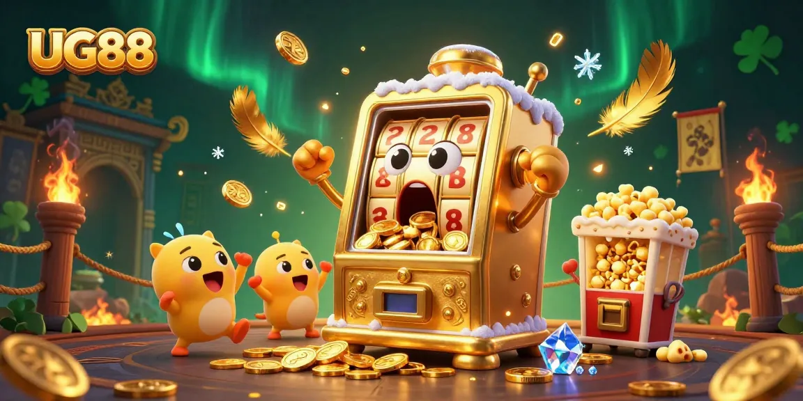 Win big with UG88 as the golden slot machine hits the jackpot amidst swirling gold coins and festive energy.