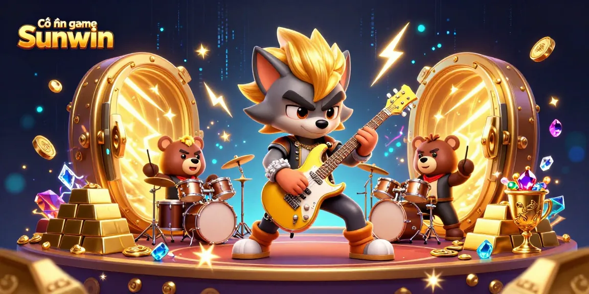Cổng game Sunwin offers an exciting casino experience with a rock star wolf and a drummer bear, surrounded by treasures.