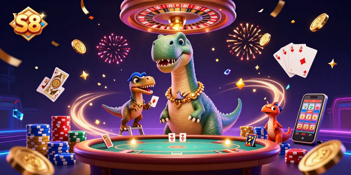 S8 brings excitement to players as the 3D brontosaurus guards a wild casino scene.