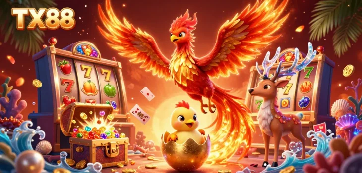 Engage with TX88's vibrant 3D casino world featuring a fiery phoenix and dynamic slot elements.