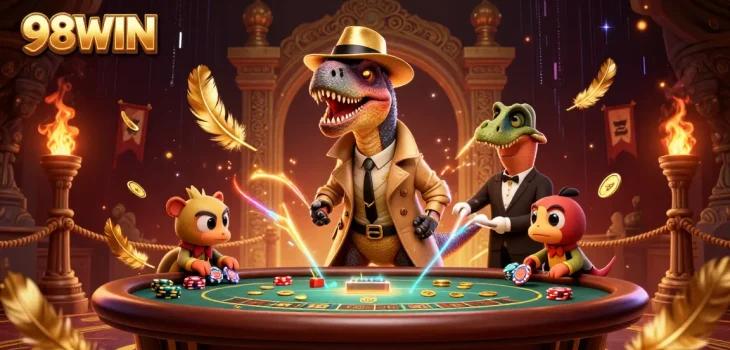 The 98WIN velociraptor card counter discreetly plays blackjack while the stegosaurus pit boss watches, illustrating exciting casino action.