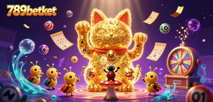 Experience the vibrant world of 789betket as a lucky cat and fireflies celebrate casino excitement.