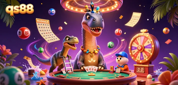 Join the fun at qs88 as a brontosaurus towers above the action in this lively casino scene.