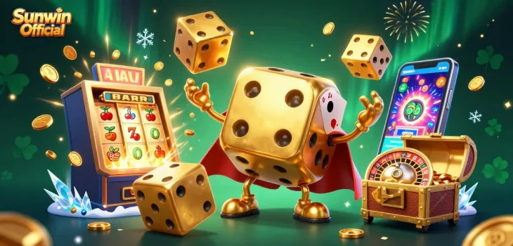 Experience thrilling gaming with Sunwin Official's dynamic casino scene filled with golden dice and jackpots.