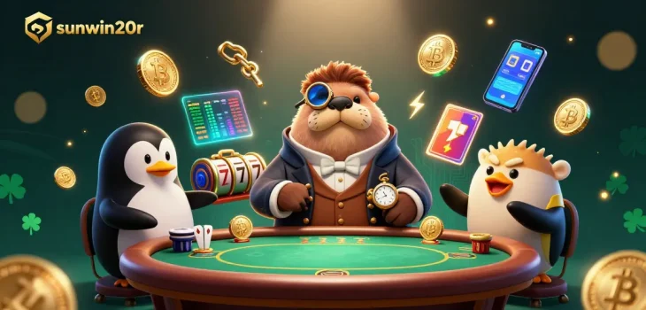 Engage in high-stakes action at sunwin20r, featuring a walrus and dealer in a vibrant casino scene.