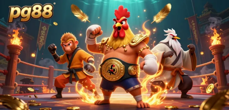 Experience epic battles with pg88's Muay Thai rooster, Shaolin monkey, and crane master in action.