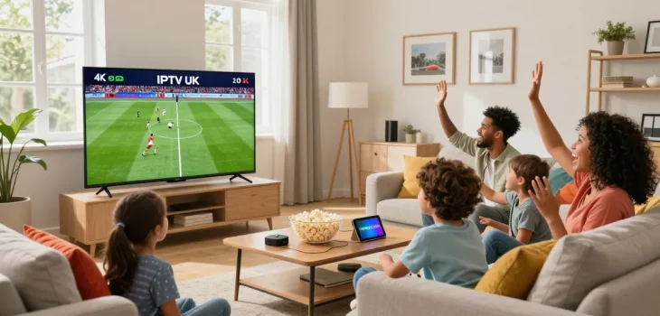 Family enjoying live sports on IPTV UK in a cozy living room with smart devices.
