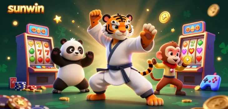 Experience thrilling gameplay at sunwin with lively characters, slot machines, and winning moments.